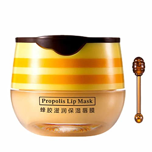 Bee Lip Balm Honey Pot Set - Honey & Strawberry Propolis Mask With Applicator, Moisturizing Wax Scrub Exfoliator and Brush for Dark Lips