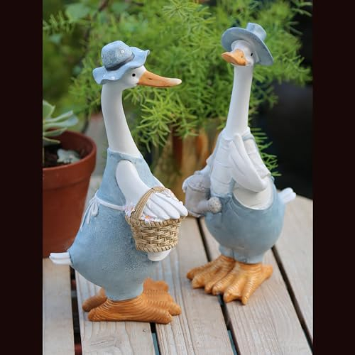 Pevfeciy Ente deko Gartenfiguren & Gartenstatuen Gartendeko für draußen Tier Skulptur aus Polyresin Lustige Entenpaar-Statue für Drinnen und Drauße H 30cm,Blau,C