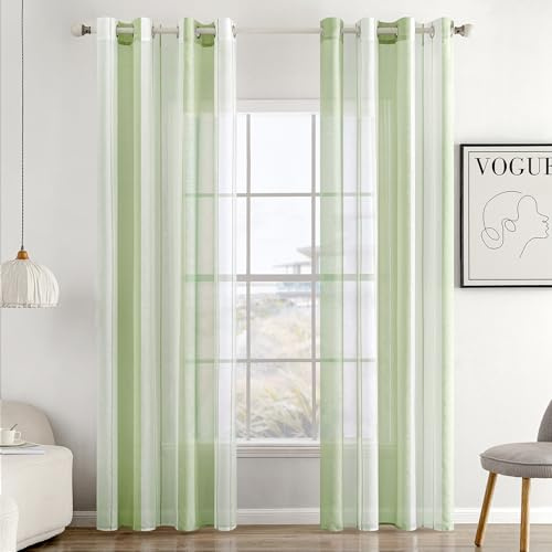 MIULEE Voile Gardinen Hellgrün-Weiß mit Ösen 2er Set 140x225 cm | Halbtransparenter Voile mit Streifenmuster für Wohnzimmer, Schlafzimmer und kleine Fenster.