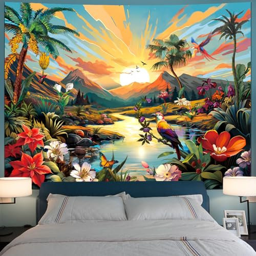 Serborlur Wandteppich Sonne Berg Vintage Blumen Pflanzen Tapisserie Hippie Ästhetischer Wald Tapisserie Tropische Palme Wandteppich Natur Landschaft Tapisserie Wandbehang für Schlafzimmer