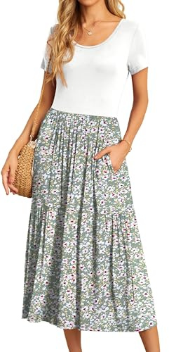 GRECERELLE Womens Summer Maxi Dress Casual Short Sleeve Crew Neck Swing Flowy Tiered Party Dresses with Pockets for Weddings, Holidays