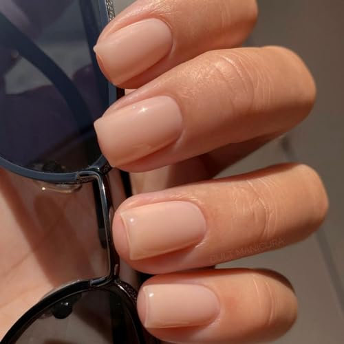 JUSTOTRY 24 Pcs Nude False Nails Short Square Pattern,Solid Press on Nails Short,Glossy Fake Nails,Pretty Squoval French Stick on Nail for Women and Teens Gifts