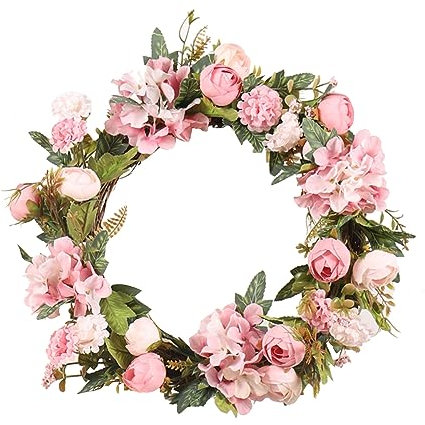 Mumuve Ghirlanda primaverile artificiale da 39,9 cm, con rose e ortensie, per porta d'ingresso, parete, festa di nozze, decorazione per la casa, per la porta d'ingresso, per tutte le stagioni, grande