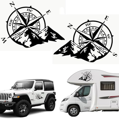 Longivia® 2 Stück Kompass Aufkleber verschiedene Größen (27x21cm oder 40x32cm) für Camper Wohnmobil Auto - Windrose Autoaufkleber mit Berge – Offroad 4x4 Sticker (Schwarz)