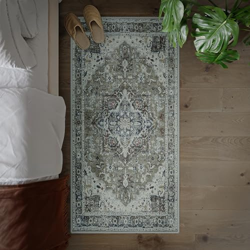artyrugs Machine Washable Rug, 80x150cm, 75% Recycled Cotton, Short Pile, Non-Slip Backing, Non-Shedding, Suitable for Bedroom, Kitchen, Hallway, Office, Midsize, Brook Sage & Blue