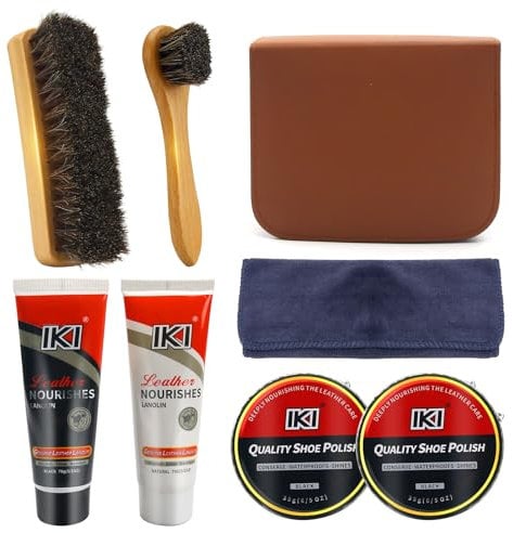 IKI Premium Lederschuhpflegeset - Farbloses & Schwarzes Schuhcreme Lanolin, 2 Rosshaarbürsten, Flanell- & Hochfasertücher - Komplette Schuhpolierlösung (1.6, Pfund)…