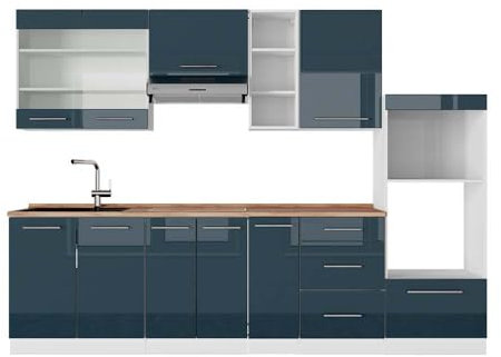 Vicco Küchenzeile Fame-Line, Dunkelblau Hochglanz/Weiß, 280 cm, AP Eiche