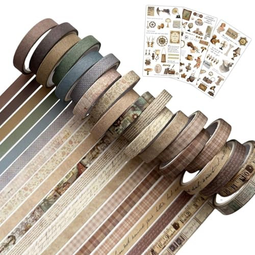 20 Rollen Retro-Papier, 3 Aufkleber, Bastelband für Handbuch, künstlerisches Maskieren, feine Antike – Paket mit Bastelmaterial