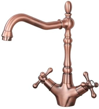 XFMZFUBD 1 Stück Küchenspüle-Wasserhahn, poliertes Chrom, doppelter Kreuzgriff-Wasserhahn, 360° schwenkbarer Auslauf, Küchenarmatur, heißer und kalter Wasserhahn(Pink)