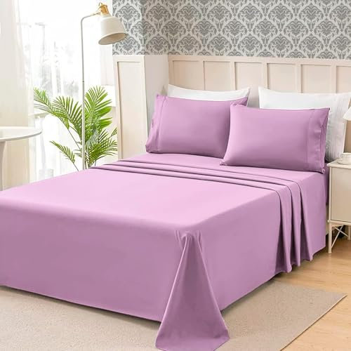 Juego de Sábanas 4 Piezas para Cama 160x200, Poliéster Microfibra, Suave y Retención de Calor, Incluye Sábana Bajera Ajustable, Sábana Encimera y Funda de Almohada 50x75 cm, Color Lila.