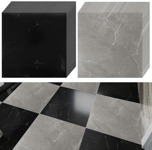 40 Stück 30x30CM CYEER PVC Bodenbelag Selbstklebend, Selbstklebende Bodenfliesen, Vinylboden Selbstklebend Marmoroptik PVC Boden für Wohnzimmer, Badezimmer, 40 Fliesen/3.6m², Schwarz Grau Marmor