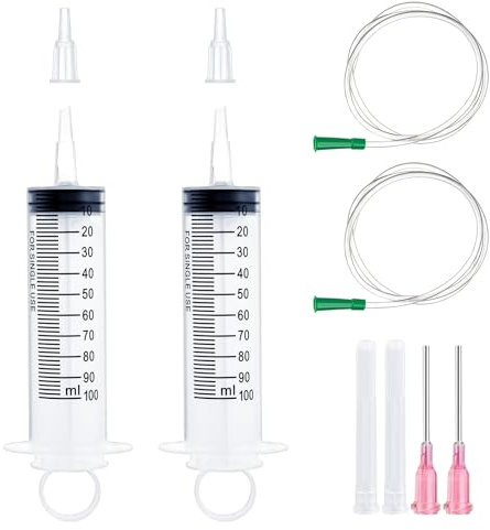 Syringe 100ml – 2pcs Plastic Syringe with Cap, Measuring Syringes with 20G Blunt Tip Needles & Tube, Individually Packaged, Leakproof Design for Laboratory, Industry, Oil, Glue, and Liquid Dispensing