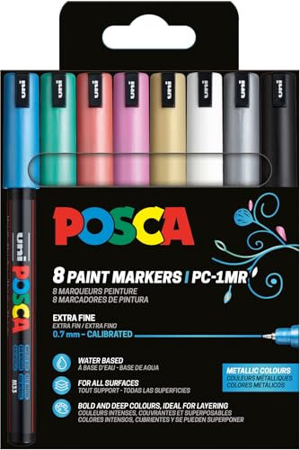 POSCA 181757 - Set de marqueurs POSCA, 8 stylos acryliques métallisés PC-1MR, marqueur permanent pointe ogive 0,7 mm