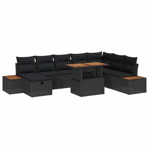 vidaXL Garten-Sofa-Set mit Kissen 9 pcs Schwarz Poly Rattan, Verstellbare Füße, modernes Lounge-Set, Garten-Sofa-Kollektion, Flexible Sitzgruppe für draußen