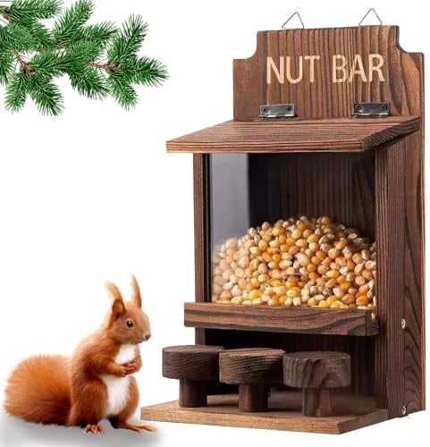 NAVESO Wooden Squirrel Feeder, Squirrel House Nesting Box for Nuts Corn, Peanuts, SquirrelFeeder Just for Squirrels, Chipmunk House Box for Outside Garden Yard, Backyard, Porch Decoration