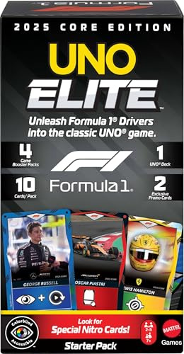 Mattel Games UNO Elite Formel 1 2025 Starterpack Kartenspiel, ab 7 Jahren, 2-5 Spieler