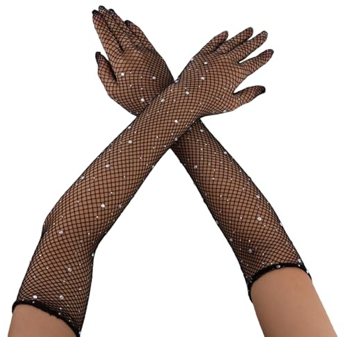 Mikovivi Lange Netzhandschuhe mit Strasssteinen, Schwarzes Polyester Funkelnd Mesh Rave Handschuhe Netz Armstulpen für Frauen Abendparty