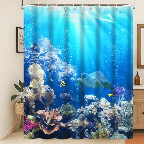 Xiaoterna Océan Rideau de Douche sous-Marin Vie Marine Monde Marin Tortues Poissons Rideau de Salle de Bain Corail Récif Floral Résistant à la Moisissure Décoration de Salle de Bain 180x200cm