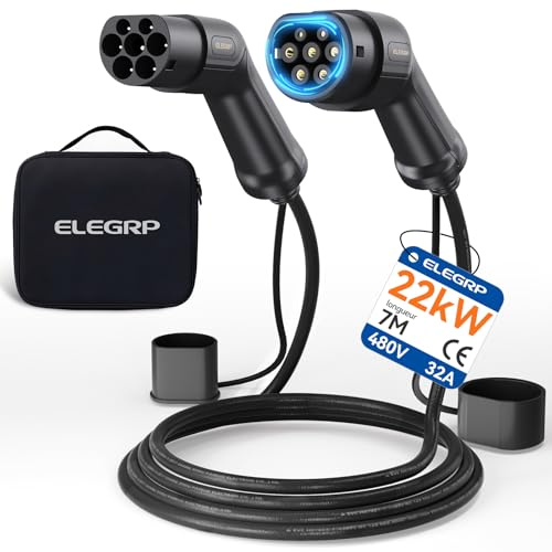 ELEGRP Câble de charge Type 2, 22kW 7M 32A 3-phases, câble de charge Type 2 vers Type 2 Mode 3 pour voiture électrique EV/PHEV avec sac de transport, adapté pour Model S/3/X/Y, VW ID.3 ID.4 e-Golf et