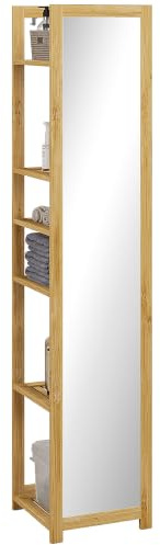HOMCOM Meuble Colonne de Salle de Bain avec Miroir Naturel 35 x 35 x 168 cm | Support en Bambou, Étagère de Rangements à 6 Étagères