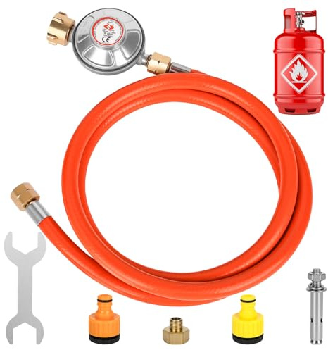 Rzspher Gasdruckregler 50mbar, 150 cm Gasschlauch, 1/4 -19 LH Außengewinde, Gas Niederdruckregler Druckregler für Gasgrils für Camping Picknicks Grillpartys (Orange + Accessoires)