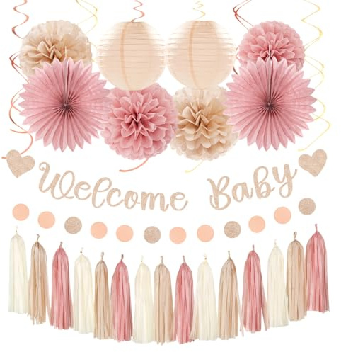 CharmeFleur Erröten Rosa Goldfarben Herbst Babyfeier Deko 31 Stücke Willkommen Zuhause Banner Neutral Papier Laternen Mädchen Girlanden Girlande Boho Hängende Papier