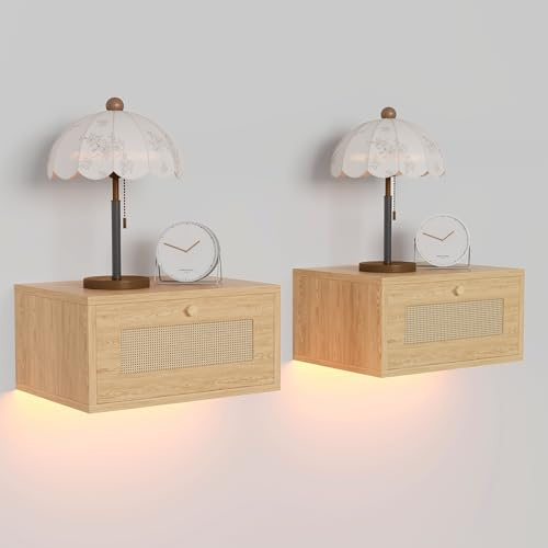 Nachttisch 2er Set Hängend mit 2 RGB LED-Beleuchtung,Nachtkästchen Schwebend mit Schublade,Modisch & Vielseitig,Platzsparender Schmaler Schrank für Schlaf & Wohnzimmer(Holz-Finish,40 x 30 x 20 cm)