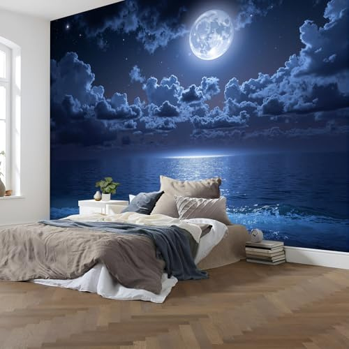 Seide Fototapete Mond Sternenhimmel 200 x 140cm Foto Tapete Schlafzimmer Wohnzimmer Wandtapete Abbildung Ruhe Meer Tapeten Wand Kinderzimmer Restaurant Dekoration