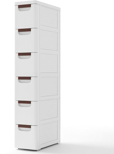 COSTWAY Slim Bathroom Floor Cabinet, Mobile Narrow Bathroom Storage Unit with 3/4/5 Drawers and Wheels, Freestanding Compact Cupboard Organiser for Living Room Bedroom (6-Drawer, White)