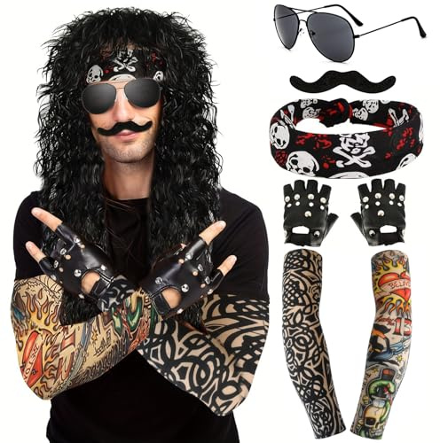 CHRI 80er Jahre Outfit Herren Perücken Vokuhila 6er Set Männer | 70er 80er Jahre Kostüm Accessoires Herren Vokuhila Perücke für Rocker Disco Punk Hippie Karneval Fasching Perücke