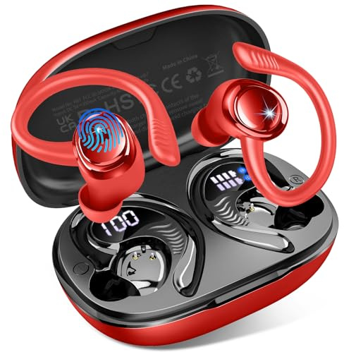 Auriculares Inalámbricos Bluetooth Deportivos, 60H Auriculares Bluetooth 5.4 con HiFi Estéreo, 4 ENC Mics, 2026 Cascos Inalambricos con Cancelación RuidoI/IP7 Impermeable/Rojo Auriculares para Correr