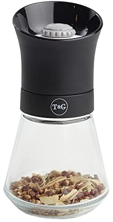 T&G CrushGrind Spice Mill with Removable Glass Base, 12.5 cm, Black, Whole Dried Herbs Spices Seeds Chilli Flakes / Fully Adjustable Ceramic Manual Grinder