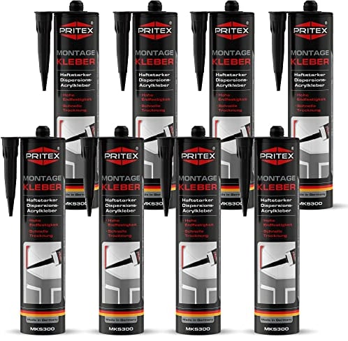 PRITEX – Profi Montagekleber Weiß 8x 300 ml – Baukleber für Holz-Paneele, Kabelkanäle, Sockelleisten, Styropor, Fliesen, Beton uvm. – haftstarker Universalkleber auf Acrylatdispersion-Basis für innen
