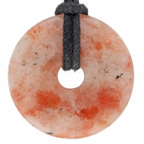 Lebensquelle Plus Edelstein Donut Ø 30 mm + Baumwollband + Edelsteinkarte | Naturstein Anhänger Halskette | Echte Heilsteinkette inkl. Band (Sonnenstein)