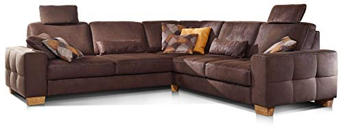 Cavadore Ecksofa Puccino mit Federkern, Bettfunktion, verstellbarer Rückenlehne und 2 Kopfstützen / Sofa gleichschenklig in L-Form im Landhaus-Design / 276 x 86 x 271 cm / Mikrofaser braun