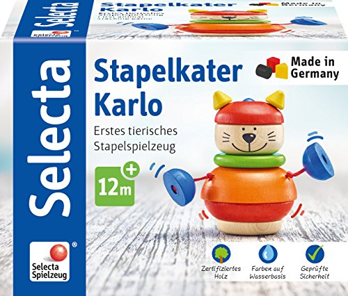 Selecta 62042 Stapelkater Karlo, Stapelspielzeug aus Holz, 10 cm