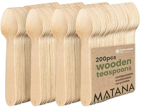 MATANA 200 Cuillère Bois Set, Cuillere Jetable pour Desserts, Small Wooden Spoon - Solide & Écologique - pour Pique-Nique, BBQ & plus - 14cm