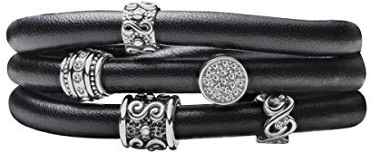 Quiges Damen Leder Wickelarmband Schwarz 60cm mit Charm Beads Versilbert Edelstahl Magnetverschluss