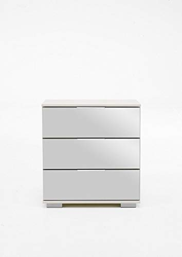 Nachtschrank Olha 2 Nachtkonsole weiß+Spiegel 3 Schubkästen 52x58x38cm Schrank Beistellschrank Beistellschrank Nachtkommode Schubladen Nachttisch