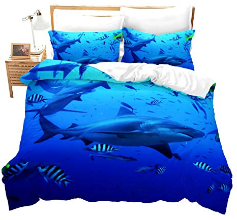 Loussiesd Kinder Bettwäsche Set Marine-Thema Microfaser Bettbezug Set für Jungen Mädchen Unterwasserwelt Tier Hai Betten Set inkl.1 Bettbezug 135x200 cm und 1 Kissenbezüge 80x80 cm