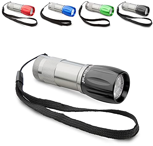 ANTEVIA - Lampe de poche LED |9 LEDS ultra puissantes & dragonne | PLUS DE 20 MODÈLES| Matière : Aluminium | Torche à piles | Couleur : Noir (Lumosh)