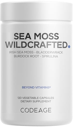 Codeage Raw Wildcrafted Irish Sea Moss Supplement, Spirulina Algae, Bladderwrack Seaweed, Burdock Root, Black Pepper, Vegan, Non-GMO, 120 Capsules
