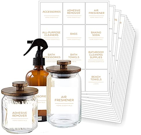 Prefdo 144 Waschküchen-Etiketten, minimalistisch, wasser-/ölbeständig, selbstklebend, Zuhause, Waschküche, Schrank, Badezimmer, Reinigungsmittel, Goldfarben