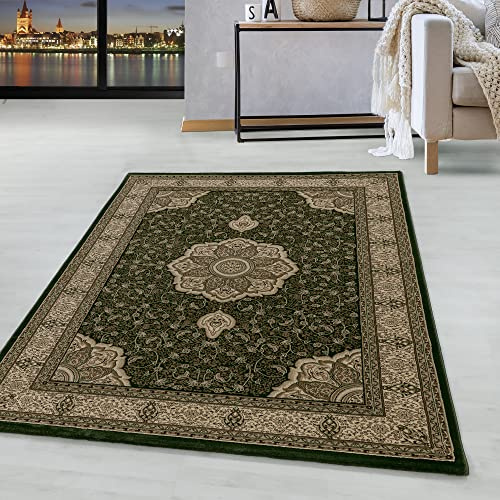 HomebyHome Orientteppich Grün 200x290 cm Kurzflor Teppich im klassischen Vintage Look für Wohnzimmer, Esszimmer, großer Raum Pflegeleicht, strapazierfähig, eleganter Wohnstil