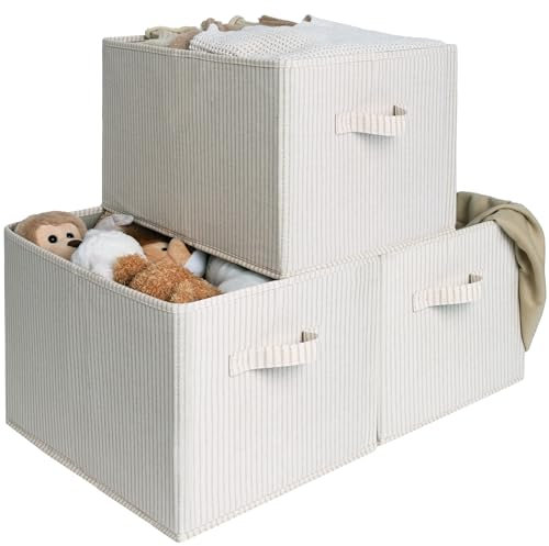 StorageWorks Large Storage Boxes for Wardrobe, Rectangular Storage Baskets for Shelves, Closet Organizers with Handles, Foldable Closet Storage Bins for Linen Closet, 3-Pack, Beige Stripes