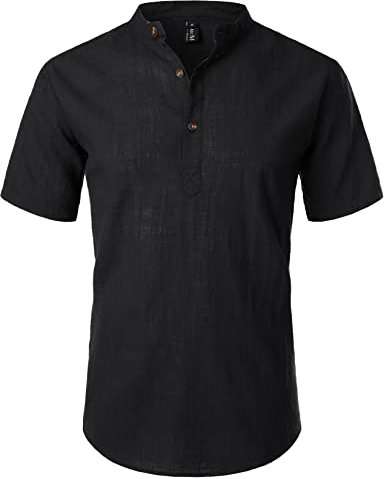 LucMatton Men's Casual Cotton Linen Short Sleeve Henley Shirt Summer Lightweight Banded Collar Beach Tops Black XX-Large