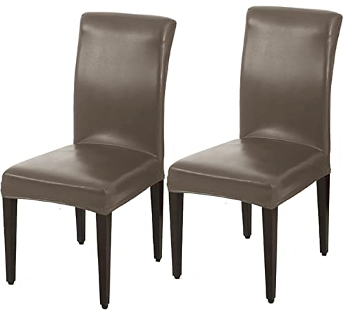 GUYIRT Stretch Esszimmerstuhl Hussen, 2er-Set Massiv PU Leder Esszimmer Stuhl Protector Wasserfeste Ölfest für Küche Hotel Meeting Home-Taupe