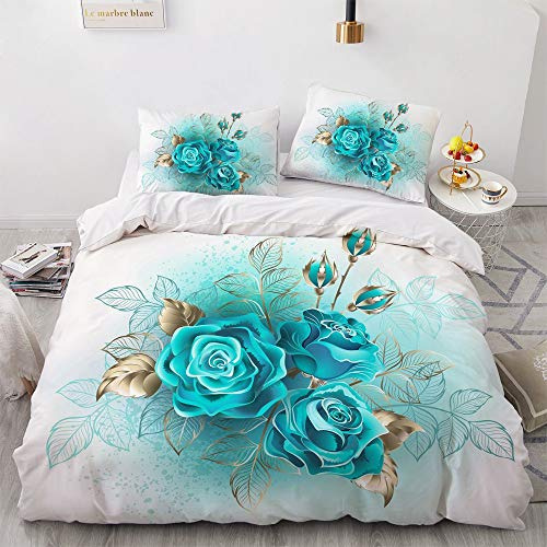 Luowei Bettwäsche Rosen 155x220cm Türkis Blumenmsuter Bettbezug Romantische Floral Microfaser Deckenbezug mit Reißverschluss und 2 Kissenbezüge 80 x 80 cm