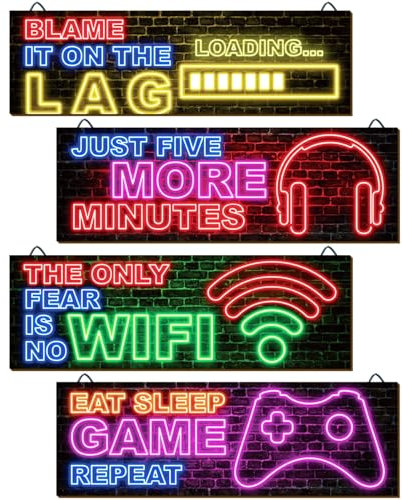 clothmile 4 piezas de decoración de juegos de neón para habitación de niños, arte de pared de videojuegos, cita motivacional, placas colgantes inspiradoras para decoración de pared para habitación de