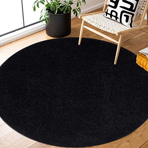 payé Teppich Rund Hochflor Shaggy - 80x80cm - Schwarz Einfarbig Uni Flauschig Modern Boho Wohnzimmer Schlafzimmer Deko Teppiche Weich Schlafzimmer